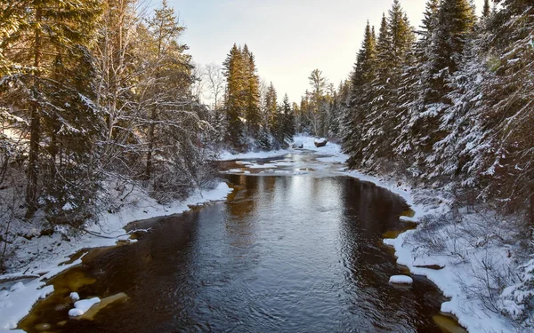 Paisagem Inverno Com Rio Floresta — Fotografia de Stock