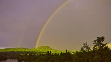 Gökkuşağı ve yeşil ağaçlı güzel bir manzara.