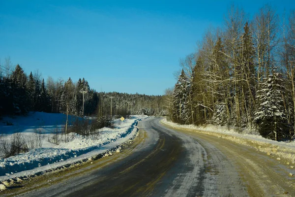 Karla Kaplı Ağaçlar Boş Asfalt Yollarla Kış Manzarası — Stok fotoğraf