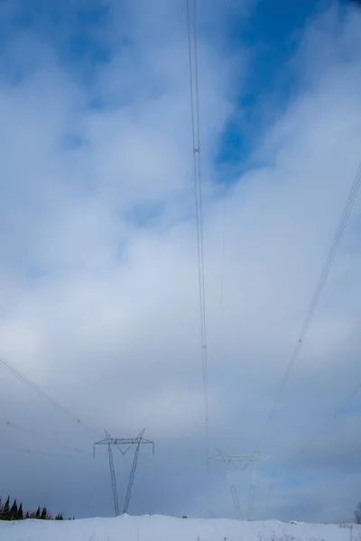 Linhas Alta Tensão Inverno — Fotografia de Stock