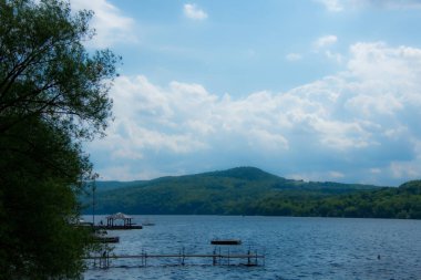 Arkasında bir göl olan güzel bir manzara.