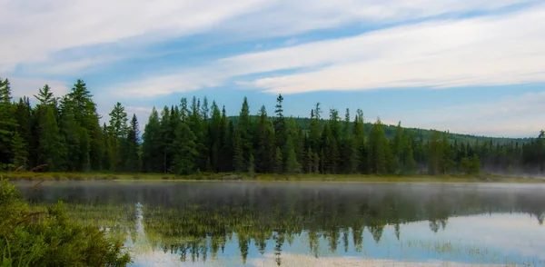 ケベックの森の湖の霧の美しい景色 — ストック写真