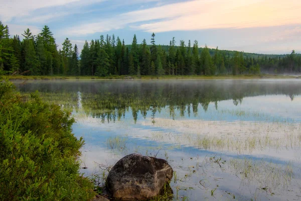 ケベックの森の湖の霧の美しい景色 — ストック写真