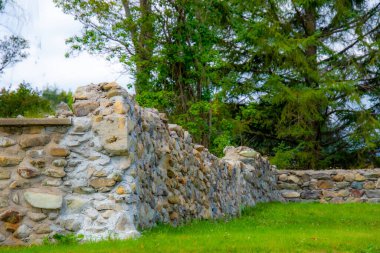 Parktaki taş duvar, doğa manzarası.