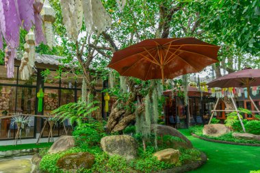 Tayland 'da restoranın avlusunda güzel bir bahçe
