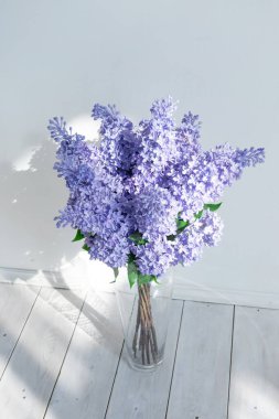 Güneş ışınlarında beyaz bir duvarın arka planında bir buket leylak. Işık ve gölge.