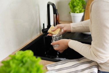 Genç bir kadın mutfakta organik hindistan cevizi süngeriyle bulaşık yıkıyor. Ön planda ev bahçesinden getirilmiş marul var..