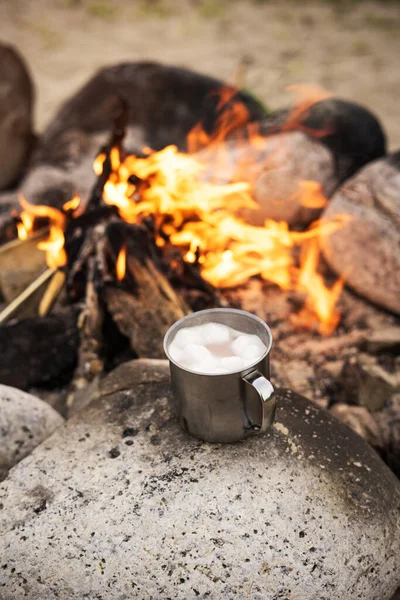 Caneca Lata Turística Com Cacau Marshmallows Pedra Perto Fogueira Fotografia De Stock