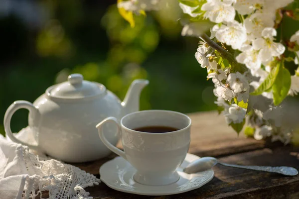 Zarif kupa, dantel masa örtüsü, çaydanlık, ahşap masa. Açık hava kahvaltısı, piknik, brunch, bahar havası. Yumuşak odak