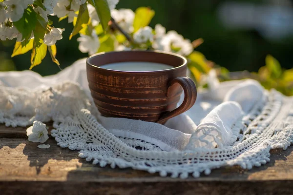 Sütlü çömlek bardağı (kefir, yoğurt, ekşi krema, kumis), dantel masa örtüsü, ahşap masa. Açık hava pikniği, kahvaltı, brunch, içecekler. Yumuşak odak