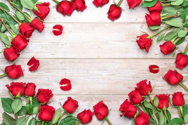 Roses Rouges Bouquets Surface Bois Agencement Cartes Postales Invitations Saint — Photo