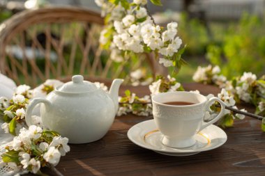 Çay seti, kiraz çiçeği dalları, ahşap masa. Açık hava kahvaltısı, piknik, brunch, bahar havası. Yumuşak odak