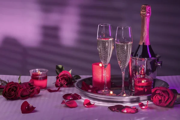ろうそくのトレイ アイスバケツのボトル スパークリングワインのグラス 赤いバラと花びらの装飾 白いリネン 紫色のネオンライトでシルエットや影と灰色の壁 新婚旅行とかバレンタインデーとかロマンチックな夜とか — ストック写真
