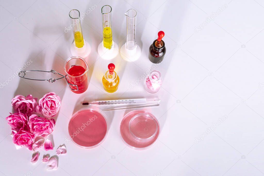 Parfum's laboratory equipment, supplies, jars, bottles, cylinders, beakers, graduate, test-mixer, medicine-glass, rose oil, buds.