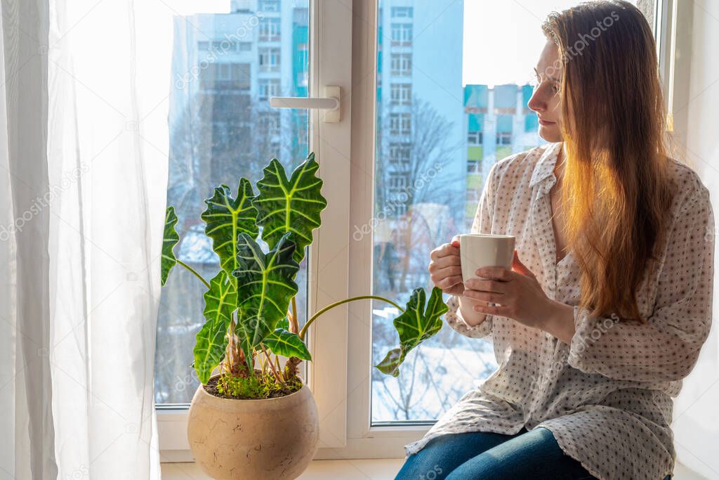 Smiling woman with long brown hair in casual shirt and jeans sits on the windowsill and drinks tea or coffee in the morning. Natural sunlight, a silhouette of a city building, houseplant in flowerpot