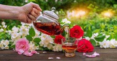 Çiçek açan güller ve yasemin çalıları arasında zarif fincanlara çay dökülüyor. Açık hava, piknik, kahvaltı. Yeşil yaprakların arkaplanı bulanık.