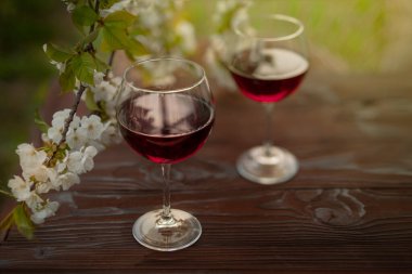 Güzel bir bahar gününde, tahta bir açık havada, uzun, kırmızı şarap kadehleriyle dolu bir hayat. Kiraz çiçekleriyle çiçek açan dallar. Seçili odak