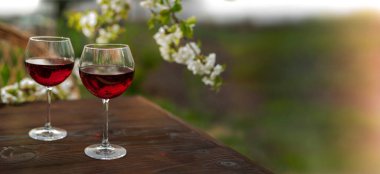 Güzel bir bahar gününde, tahta bir açık havada, uzun, kırmızı şarap kadehleriyle dolu bir hayat. Kiraz çiçekleriyle çiçek açan dallar. Seçili odak, pankart, kopyalama alanı