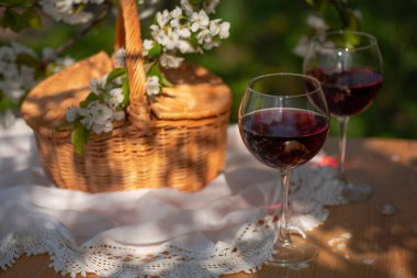 Baharda bahçede şarap tatma partisi. Güzel bir ilkbahar gününde, tahta bir masada, uzun, saplı bardaklarla, kırmızı şarapla dolu bir hayat. Kiraz çiçekleriyle çiçek açan dallar. Seçili odak