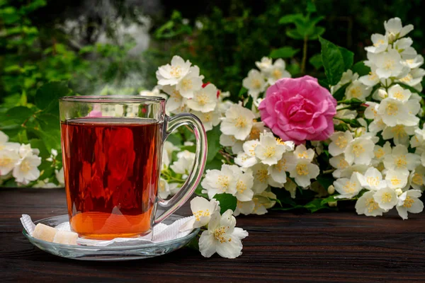 Glass Cup Tea Saucer Two Pieces Sugar Flowering Bushes Roses — Stock Photo, Image