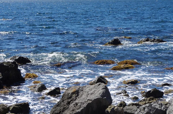 Su yüzeyinin su sıçrama ve kabarcıkları ile soyut deniz taşlı sahili. Yaz zamanı yolculuk havası