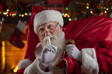 Noel Baba hediye dolu bir çantayla şömine ve Noel ağacının yanında. Ahşap evin içindeki şenlikli iç mekan, Noel 'in neşeli ruhu. Gerçek beyaz sakallı son sınıf öğrencisi Noel Baba kostümü giyiyor..