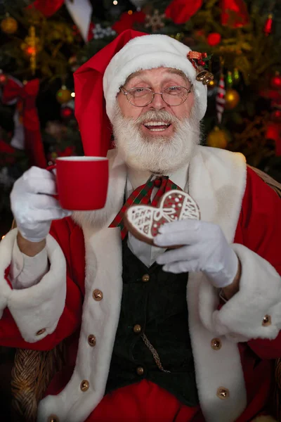 Papai Noel Perto Lareira Árvore Natal Interior Festivo Dentro Casa — Fotografia de Stock