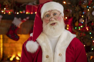 Noel Baba şöminenin ve Noel ağacının yanında. Ahşap evin içindeki şenlikli iç mekan, Noel 'in neşeli ruhu. Gerçek beyaz sakallı son sınıf öğrencisi Noel Baba kostümü giyiyor..