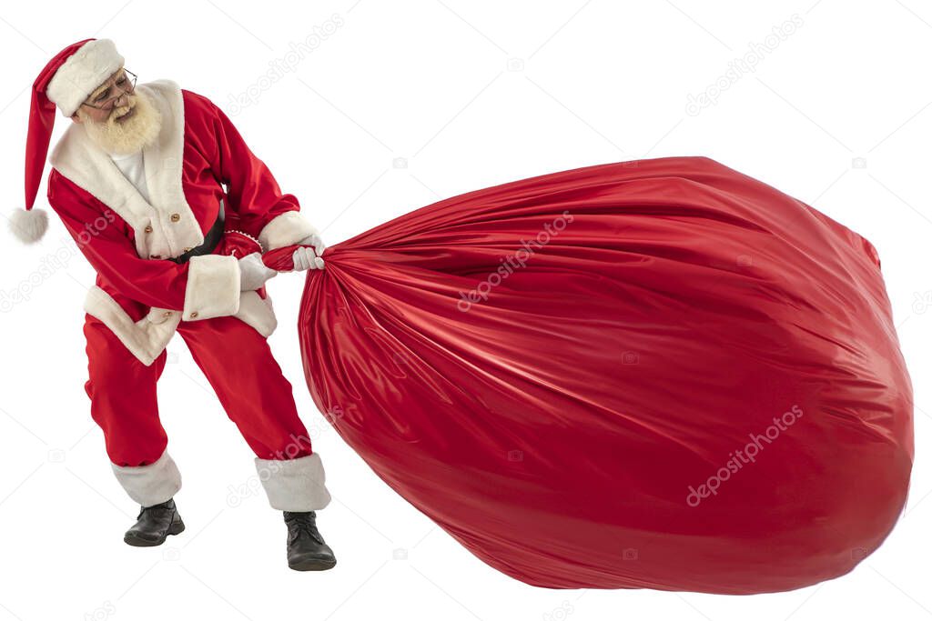 Santa Claus on white background isolated. Senior male actor old man with a real white beard in the role of Father Christmas pulling huge red Christmas big gift bag.