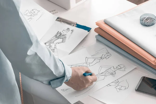 Creative Female Fashion Designer Draws Sketches Drafts Lifestyle Scene Sewing — Stock Photo, Image