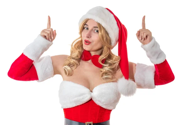 比萨交付的概念 圣诞老人夫人笑得很开心 穿着红衣服的漂亮女人 戴着圣诞老人帽子的漂亮姑娘 圣诞晚会女装 新年酒席 — 图库照片