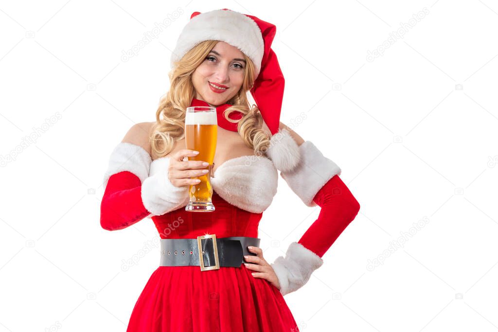Pizza delivery concept. Lady Mrs. Santa Claus smiling happily. Pretty woman in a red dress. Pin-up girl in Santa's hat. Female Christmas party outfit, ordering food, New Year's catering
