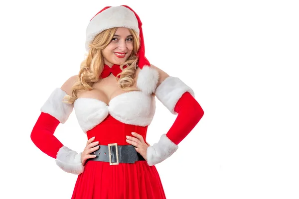 Lady Mrs Santa Claus Sonriendo Felizmente Con Portátil Mujer Bonita — Foto de Stock