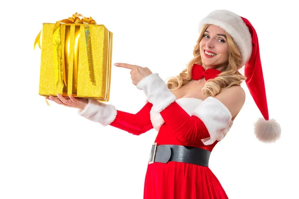 Pani Mikołajowa Uśmiechnięta Laptopem Ładna Kobieta Czerwonej Sukience Białe Futro — Zdjęcie stockowe