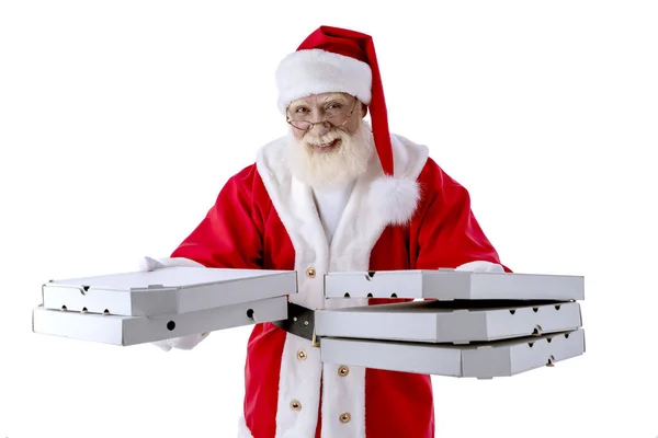 Père Noël Avec Pizza Boîtes Livraison Concept Commande Sur Fond — Photo