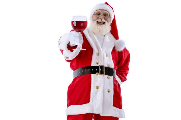 Santa Claus Vínem Sklenici Bílém Pozadí Izolované Starší Muž Herec — Stock fotografie