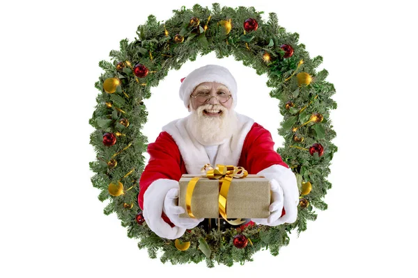 Santa Claus Con Cajas Regalo Corona Navidad Con Chispas Oro — Foto de Stock