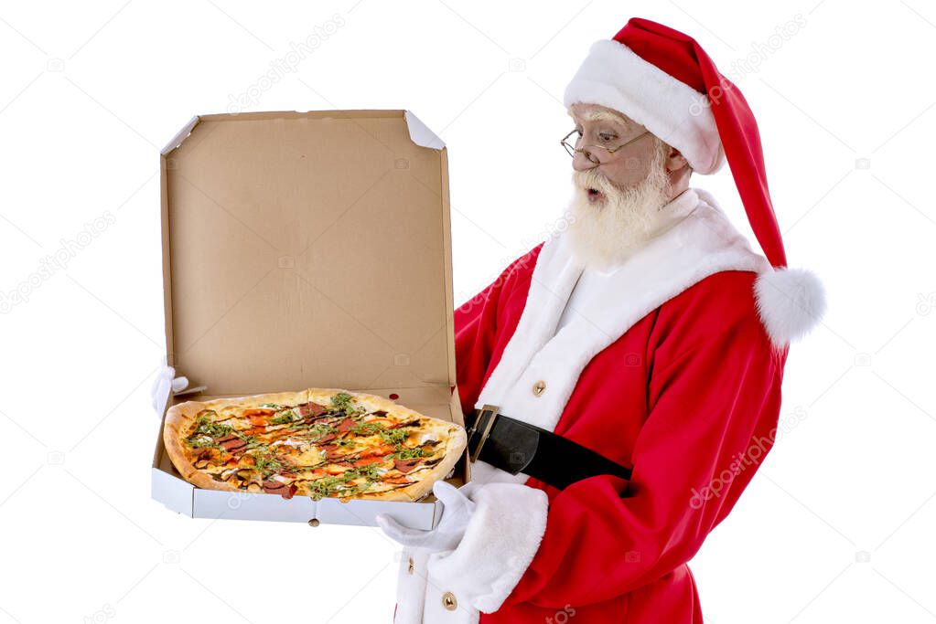 Santa Claus with pizza in boxes, delivery and order concept on white background isolated. Senior male actor old man with a real white beard in the role of Father Christmas
