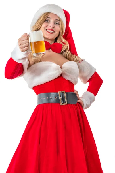 Леди Миссис Санта Клаус Радостью Улыбается Держа Стакан Пива Эль — стоковое фото