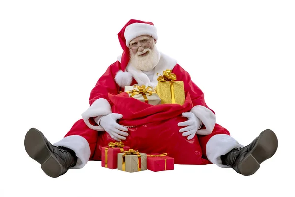 Weihnachtsmann Mit Sack Voller Geschenkverpackungen Auf Weißem Hintergrund Isoliert Senior — Stockfoto