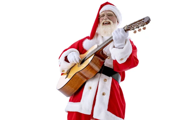 Papai Noel Tocando Guitarra Cantando Fundo Branco Isolado Homem Velho — Fotografia de Stock