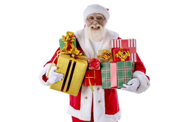 Santa Claus Met Een Armvol Geschenk Verpakt Dozen Witte Achtergrond — Stockfoto