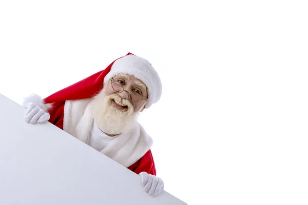 Santa Claus Con Pizarra Blanca Para Espacio Copia Burlan Fondo — Foto de Stock