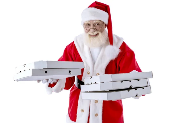 Papai Noel Com Pizza Caixas Entrega Conceito Ordem Fundo Branco — Fotografia de Stock