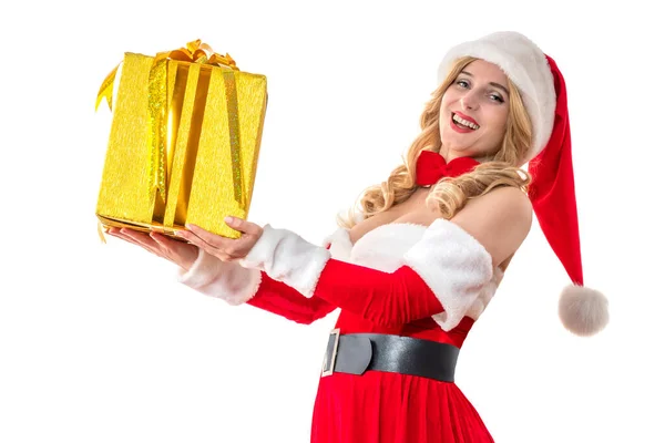 Lady Mrs Santa Claus Souriant Heureux Donner Des Boîtes Cadeaux — Photo