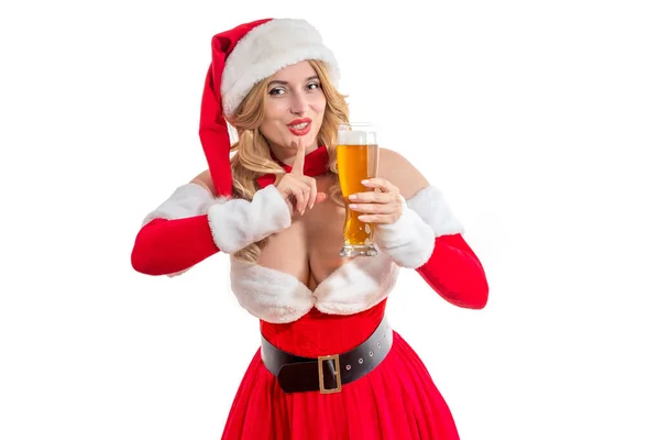 Lady Mrs Santa Claus Glimlacht Gelukkig Met Een Glas Bier — Stockfoto