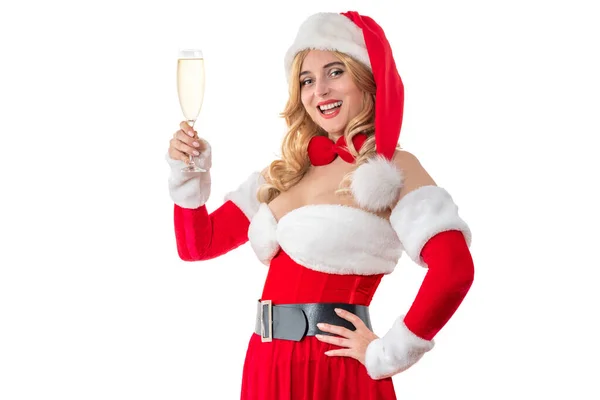 Lady Mrs Santa Claus Glimlacht Gelukkig Met Een Glas Champagne — Stockfoto