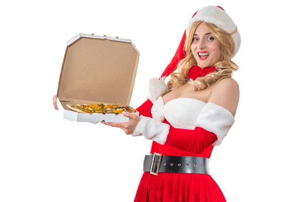 Concept Livraison Pizza Madame Père Noël Sourit Joyeusement Jolie Femme — Photo