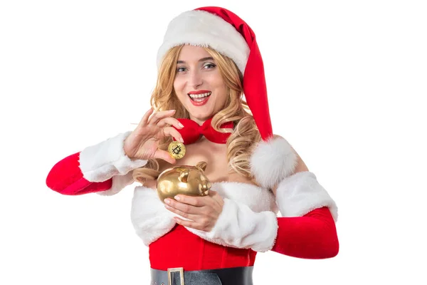 Lady Mrs Babbo Natale Sorride Felice Con Bitcoin Salvadanaio Dorato — Foto Stock