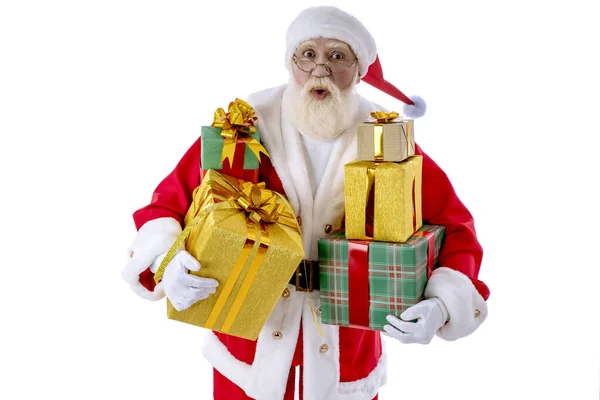 Papai Noel Com Armful Presente Embrulhado Caixas Fundo Branco Isolado — Fotografia de Stock